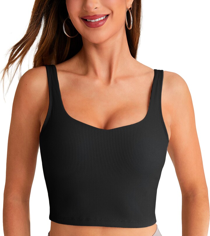 BAYDI Longline Padded Sports Bra V Neck Workout Tops for Women Tank Tops  with Built in Bra Ribbed Yoga Bras Black - ShopStyle
