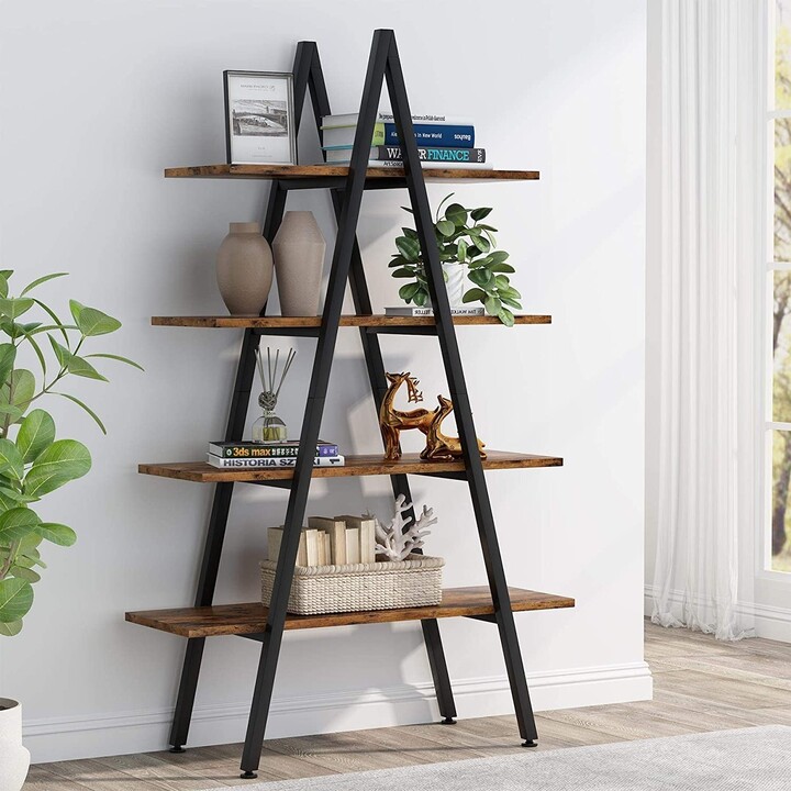 Industrial Accent Home Office Furniture C-Hopetree 4 Tier Ladder Shelf Bookcase Bookshelf Plant Display Stand Storage Shelves Black Metal Frame 