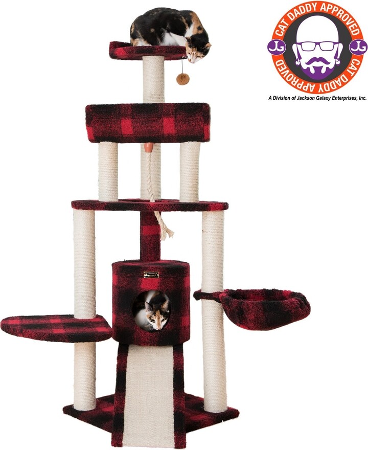Classic Real Wood Cat Tree With Multiple Features, Four Levels With Rope, Basket, Ramp, Perch