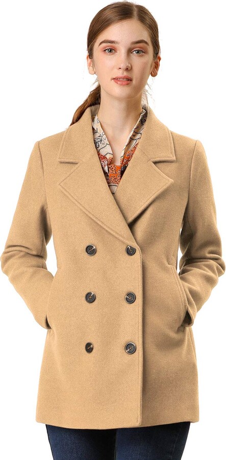 Allegra K Allegra K Women's Peacoat Notched Lapel Double Breasted Long  Sleeves Winter Coat Brown L-16 - ShopStyle