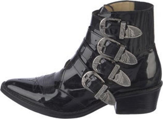 Toga Pulla Patent Leather Ankle Western Boots Blue Semi-Pointed Toes Multistrap & Buckle Closure at Sides | Toga Pulla Patent Leather Western Boots in Blue, Women's IT 37 | 7