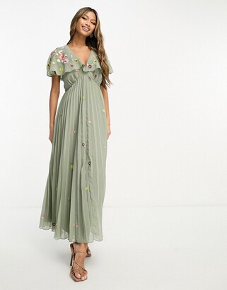 ASOS DESIGN v-neck angel sleeve pleat midi dress with all over embroidery in khaki
