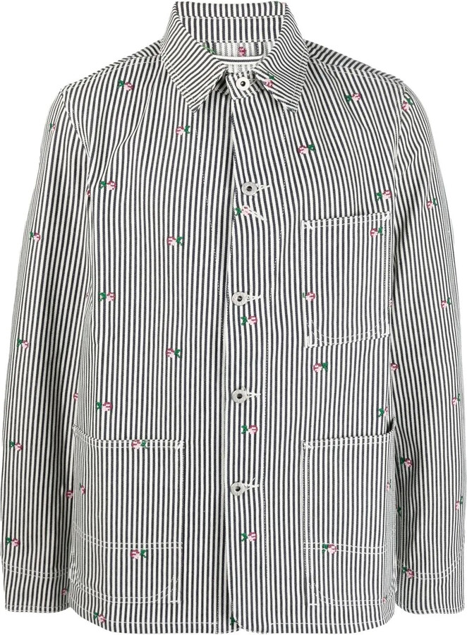 Kenzo Floral-Embroidered Striped Shirt Jacket