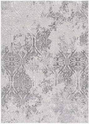 Canora Grey Girish Damask Machine Woven Cotton/Polyester Area Rug in Light Gray/Ivory