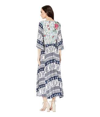 Tribal Printed Crinkle Gauze Faux Wrap Dress with Embroidery