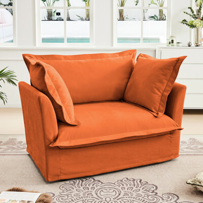 Ebern Designs Comfortable Single Orange Armchair Chenille Fabric Big Back And Toss Pillows Frame Easy Assembly Single Seat Armchair With Deep Seating Cushion