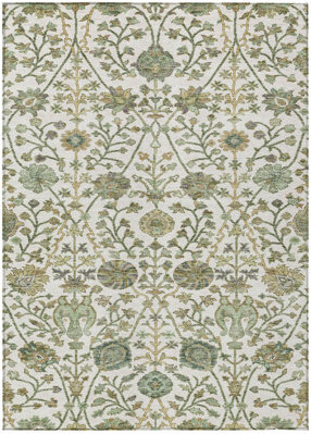 HomeRoots 9' X 12' Ivory Green And Brown Floral Washable Indoor Outdoor Area Rug
