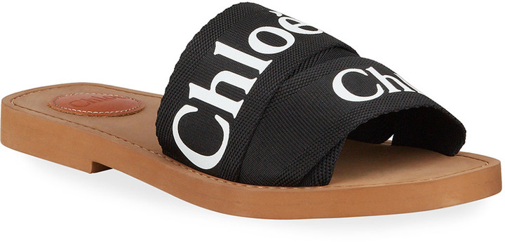 chloe woody flat logo ribbon slide sandals