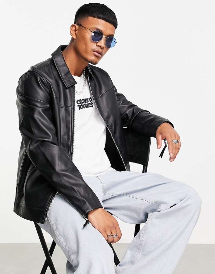 ASOS DESIGN faux leather harrington jacket in black - ShopStyle