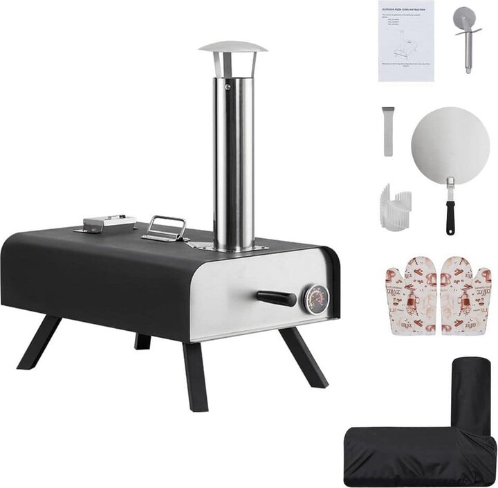 Garvee Wood Fired Portable Outdoor Pizza Oven in Black with Foldable Legs, 13 in. Pizza Stone and Protective Cover