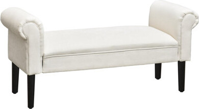 End of Bed Bench, Linen Upholstered Ottoman Bench, Bedroom Entryway Bench With Armrests, Cream White