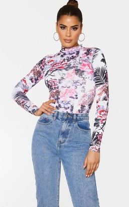 Above Be Tall Pink Oriental Print Roll Neck Bodysuit