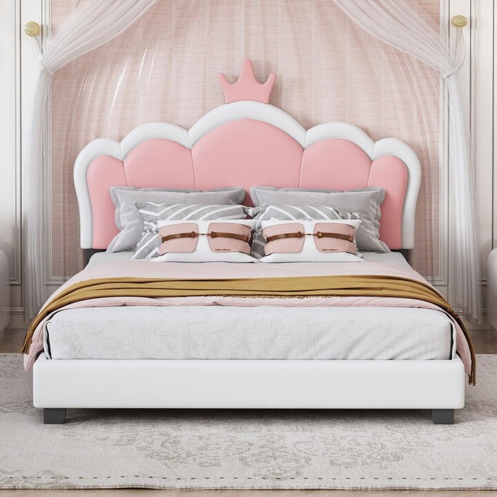 Harper&Bright Designs White Wood Frame Full Size PU Upholstered Princess Bed with Pink Crown Headboard
