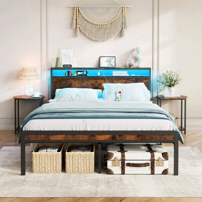 Hokku Designs Full Size Metal Bed Frame with Headboard & Footboard, LED Lights, Heavy Duty Steel Slats, Noise-Free