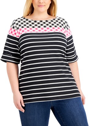 Karen Scott Plus Size Printed Cuffed-Sleeve Top, Created for Macy's