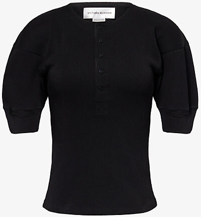 Victoria Beckham Womens Black Henley Ribbed Stretch-Cotton Top S