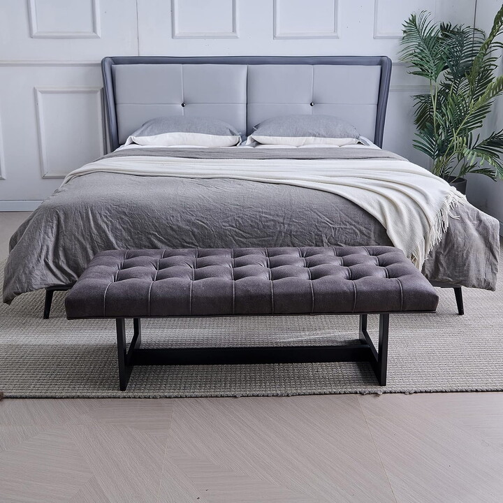 Nathaniel Home 48'' Button-Tufted Kids Ottoman, Upholstered Bedroom Benches, Leather Footrest Stool Accent Bench, for Bedroom End of Bed, Foggy Gray