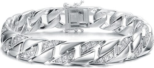 GuiliMensRhodiumPlatedSterlingSilverBraidedCubanChainBraceletwithIcedOutCubicZirconiaStonesforaBoldandDazzlingStatementPiece