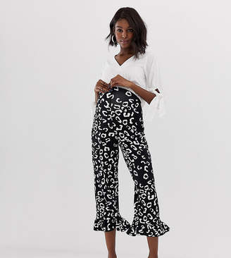 ASOS Maternity DESIGN Maternity over the bump pants with fluted ruffle hem in mono animal print