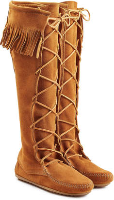 Minnetonka Fringed Suede Knee Boots with Lace-Up Front