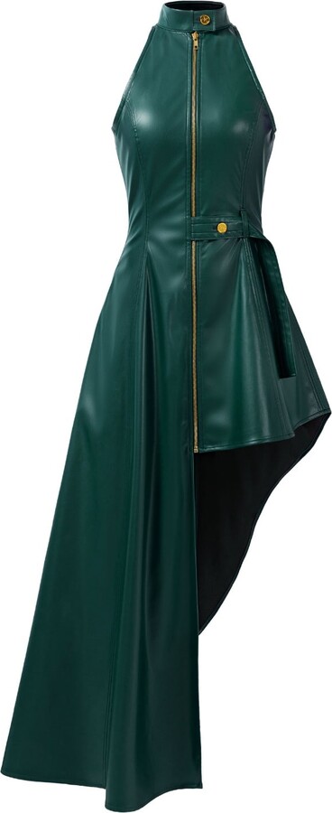 Kargede Green Leather Maxi Dress – Tailored, High Neck, Asymmetrical Hem