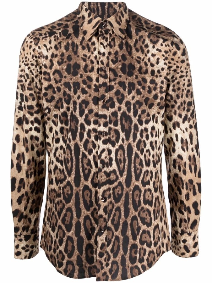 FirH Men Long Sleeve Blouse Button Analog Pocket Leopard Print Patchwork Shirt 