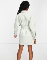 Thumbnail for your product : ASOS DESIGN leather look button through mini shirt dress with belt in sage