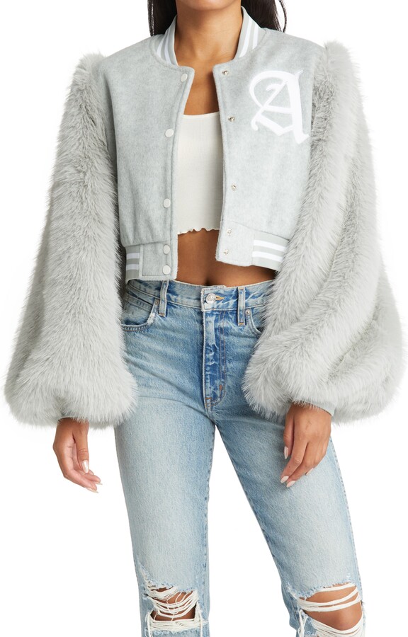 AZALEA WANG Ruela Varsity Faux Fur Sleeve Bomber Jacket ShopStyle