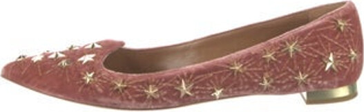 Aquazzura Velvet Ballet Flats Gold & Pink Printed Pointed-Toes with Studded Accents Includes Dust Bag Designer