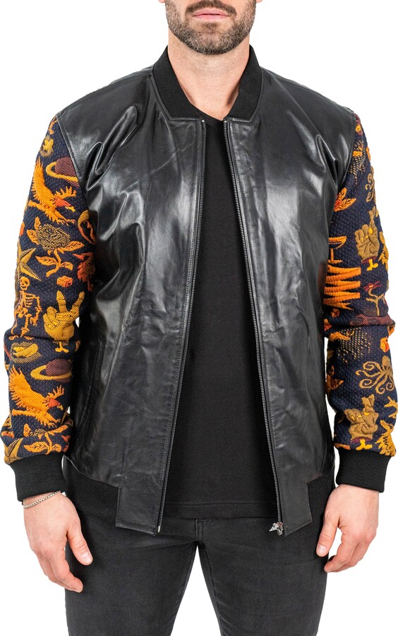 Maceoo Skull Sleeve Leather Bomber Jacket