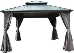 Hokku Designs 12' X Gazebo With Galvanized Steel Double Roof Canopy For Patio, Backyard, Deck, Lawn - , Weather-, Gray And Privacy Curtain For