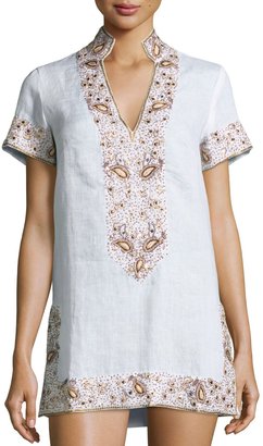 Flora Bella Viceroy Beaded Linen Short Coverup Tunic, White