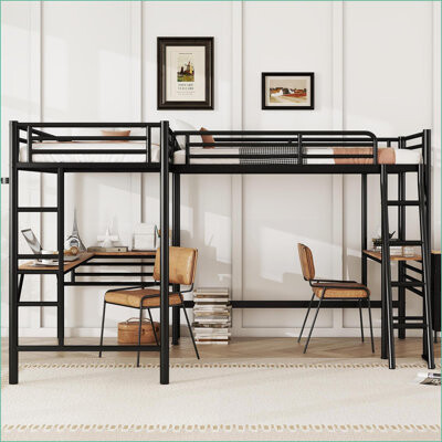 Twin Size Metal L-Shaped Loft Bed with 2 Built-In Desks – Black, No Box Spring Needed