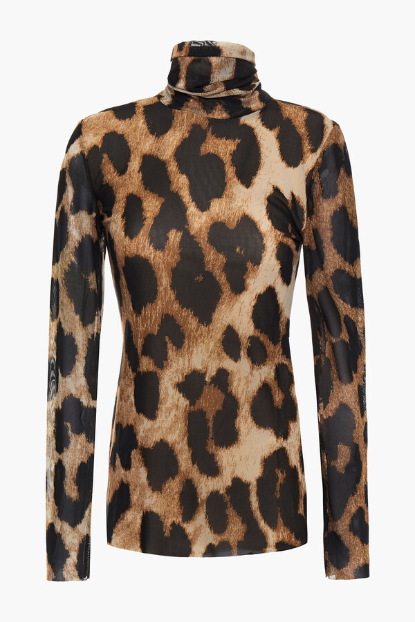 Ganni Leopard-print mesh turtleneck top ShopStyle