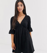 Thumbnail for your product : ASOS DESIGN petite v neck frill sleeve smock dress in black