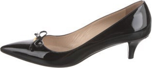 Prada Patent Leather Pumps Black Pointed-Toes with Bow Accents Designer