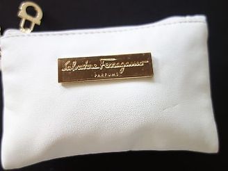 Ferragamo ~ Small WHITE Faux-Leather PARFUMS Makeup Bag Pouch w/ Clasp