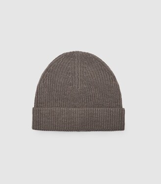 Reiss Raff - Ribbed Beanie Hat in Taupe