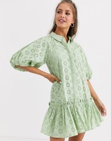 Thumbnail for your product : ASOS DESIGN mini shirt dress with puff sleeves in broderie