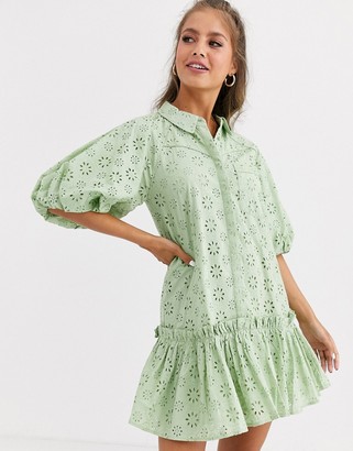 ASOS DESIGN mini shirt dress with puff sleeves in broderie