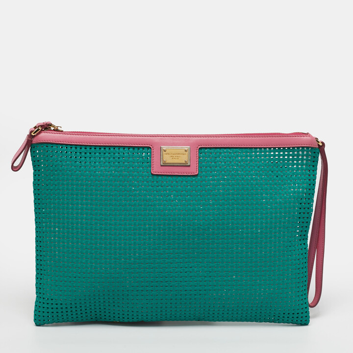 Dolce & Gabbana Green/Pink Woven PVC Wristlet Zip Pouch