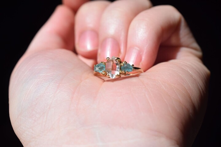 Etsy Engagement Ring 14K Solid Yellow Gold Raw Herkimer Diamond Ring Aquamarine Wedding Band