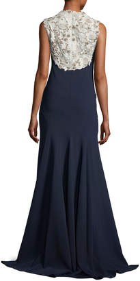 Jenny Packham Sleeveless Crepe Evening Gown with Embellished Bodice