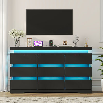 Wrought Studio Modern 63 Inch 9-Drawer Dresser With LED Lights & USB Charging Station Large Storage Closet Organizer Cabinet For Bedroom Living Room Entryway