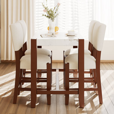 Corrigan Studio 5-Piece Counter Height Dining Table Set Cultured Marble Bar Table And 4 Upholstered Chairs For Restaurants Bars Kitchens