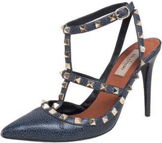 klap finansiere klasse Valentino Navy Blue Leather Rockstud Pointed Toe Ankle Strap Sandals Size  38 - ShopStyle