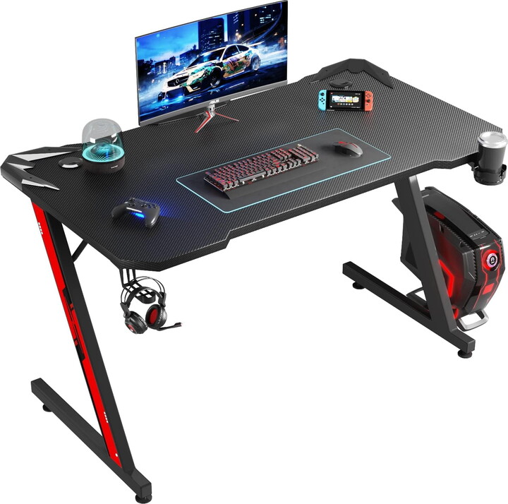 Lacoo 44" Z Shaped Computer Gaming Desk Carbon Fiber Surface Desk with Cup Holder & Headphone Hook, Black