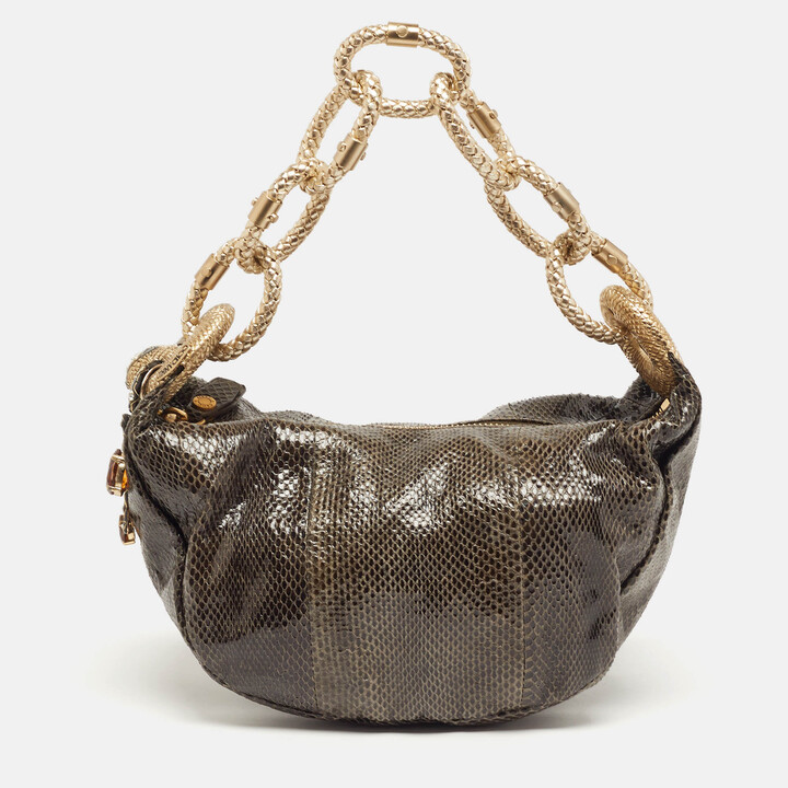 Jimmy Choo Chain Handle Crystal Embellished Grey Snakeskin Hobo