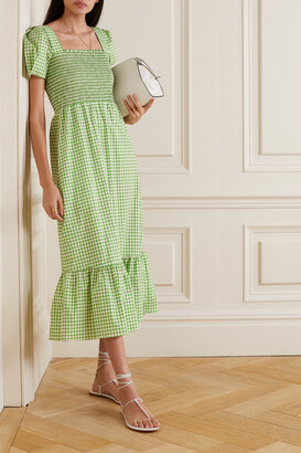 HVN Shirred Gingham Cotton-blend Poplin Maxi Dress - Green