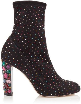 Jimmy Choo MAINE 100 Black Suede Booties with Multi Scattered Crystals and Embellished Heel, as worn by Cara Delevingne